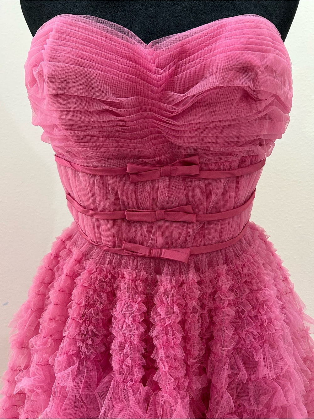 Clifton Wilhite Vintage 1960’s Pink Ruffled Tulle Strapless Midi Dress - Picture 2 of 11